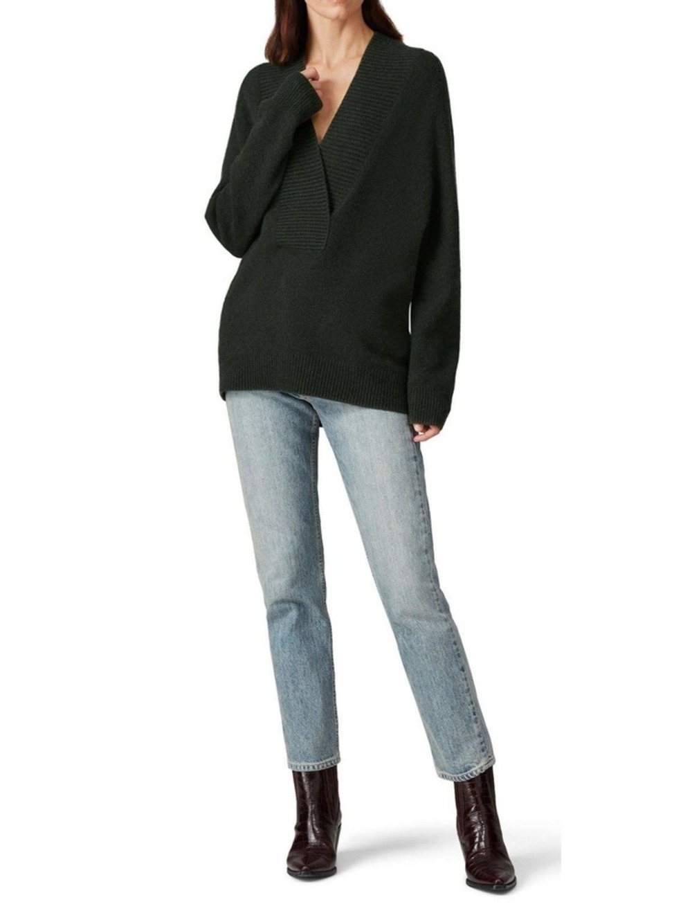 Vince Wool Cashmere Deep V Neck Oversized Sweater Forest Green
